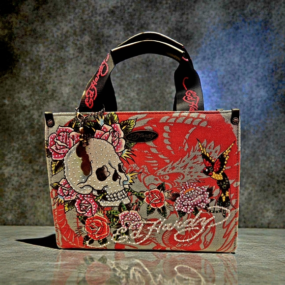 Ed Hardy Handbags - NWT ED HARDY Love Kills Slowly Roses Skull  Rhinestone Denim Bag 11"x8.5"x3.5"